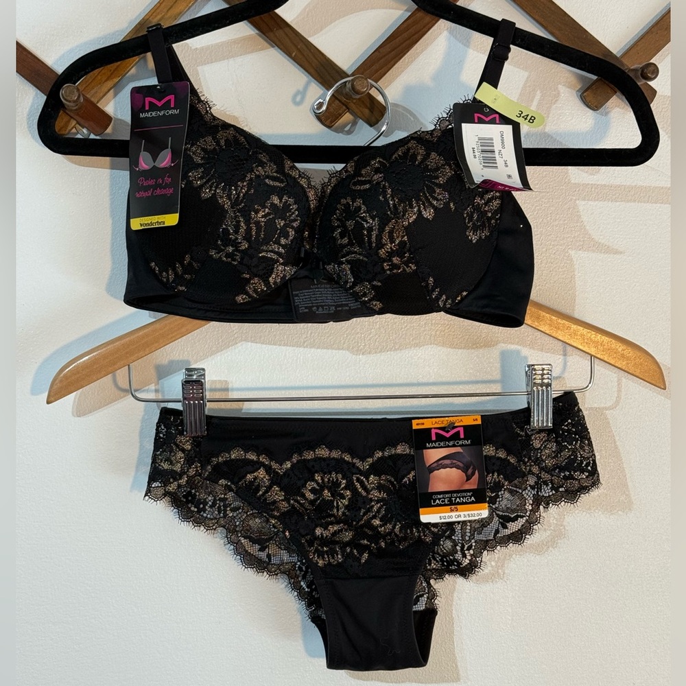 Maiden Form push-up & in bra 34B & comfort devotion lace tanga underwear sizeS/5